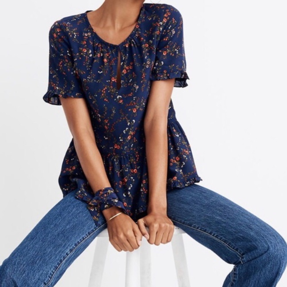 Madewell Silk Floral Moonless Ruffle-Hem Top Blouse